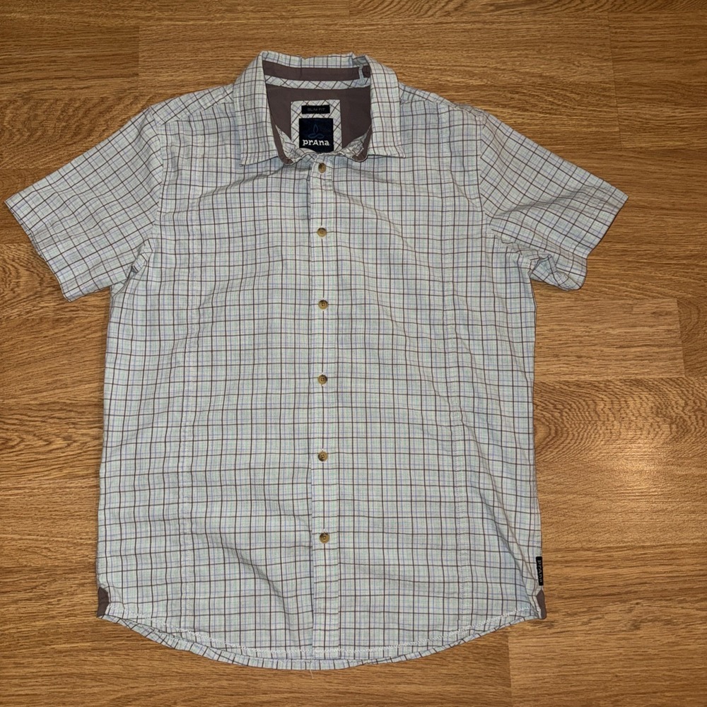 PrAna Shirt Mens Small Slim Fit Multicolor Plaid Short Sleeve Button Down Cotton
